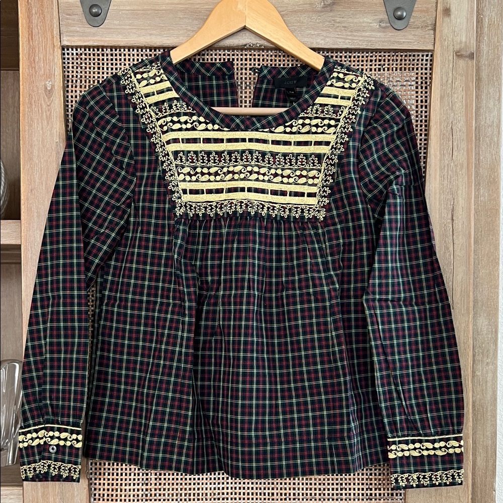 NWT J.Crew Embroidered in Gold Holiday Plaid Peasant Blouse Top PXS